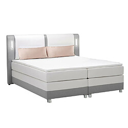 Avis Vente-Unique Ensemble complet boxspring tête de lit avec leds + sommiers + matelas + surmatelas - 160 x 200 cm - Tissu et simili - Gris et blanc - RIMINI de YSMÉE