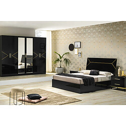 Dansmamaison Chambre complète 140x190 Noir brillant/Or - LADABI Chambre complète 140x190 Noir brillant/Or - LADABI - L 142 x l 190 x H 124 cm