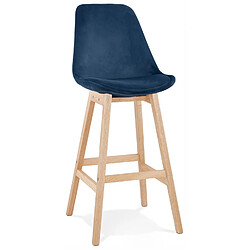 Alterego Tabouret de bar 'MORISS' en velours bleu et pieds en bois naturel