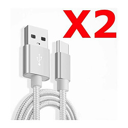 Little Boutik X2 Câble Metal Nylon Renforcé Chargeur USB Type C 1,5m Tréssé Couleur Argent Compatible Samsung LG Sony Wiko Blackberry Motorol 