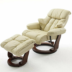 Inside 75 Fauteuil relax CLAIRAC assise en cuir crème pied en bois noyer avec repose pied