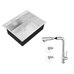 Auralum MAX Évier Cuisine à Encastrer,1 Bac,60*49*20CM,Évier en Acier inoxydable 304,Silver+Mitigeur Cuisine avec Douchette Extractible Rotatif 360°