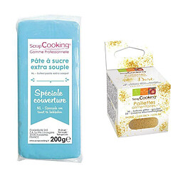 Scrapcooking Pâte à sucre de couverture bleu 200 g + paillettes dorées