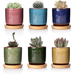 BESTA 6cm Zisha Pots de Plantes en Céramique avec Plateau en Bambou - Paquet de 6, Pot de Fleur de Cactus Succulent pas cher