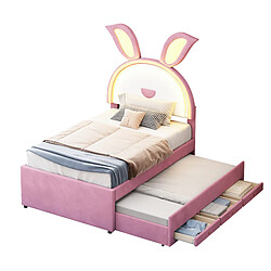 KOMHTOM Lit simple rembourré pour enfant Rose 90 x 200 cm, tissu velours avec lit gigogne, tiroir de rangement et lampe LED à changement de couleur