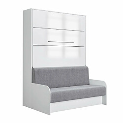 Inside 75 Armoire lit escamotable SOFA AUTOMATICA 140 cm façade laquée blanc brillant canapé microfibre gris 