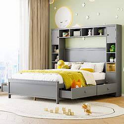 ComfortXL Lit Avec Rangement 140*200, Avec 4 Tiroirs Et Une Grande Armoire De Rangement, Gris 