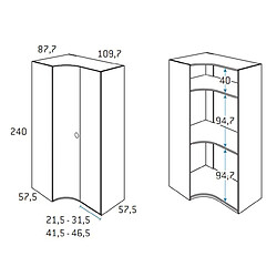 Inside 75 Armoire d'angle porte courbe à gauche 109,7 x 240 cm finition chêne blanchis intérieur double