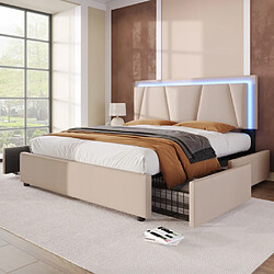 ComfortXL Lit Confortable Avec Éclairage LED Et 4 Tiroirs, Lit Double 160x200cm, Beige