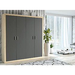 Pegane Armoire, placard garde-robe 4 portes coloris Chêne, graphite - Longueur 196 x Profondeur 50 x Hauteur 208 cm