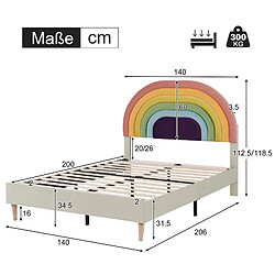 Acheter KOMHTOM Lit Rembourré Double Ados et Adultes 140*200 cm Avec Sommier À Lattes et Tête De Lit Arc-En-Ciel Réglable En Hauteur - Beige