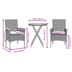 vidaXL Ensemble de bistro avec coussins 3 pcs gris rotin et acacia pas cher