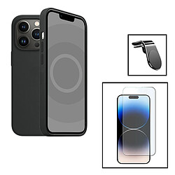 PHONECARE Kit Verre Trempé ClearGlass + Coque Silicone Liquide + Support Magnétique L Safe Driving Voiture pour Apple iPhone 15 - Noir 