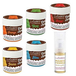 Scrapcooking 5 colorants liposolubles bleu-jaune-rouge-vert-orange + 1 poudre alimentaire irisée dorée 