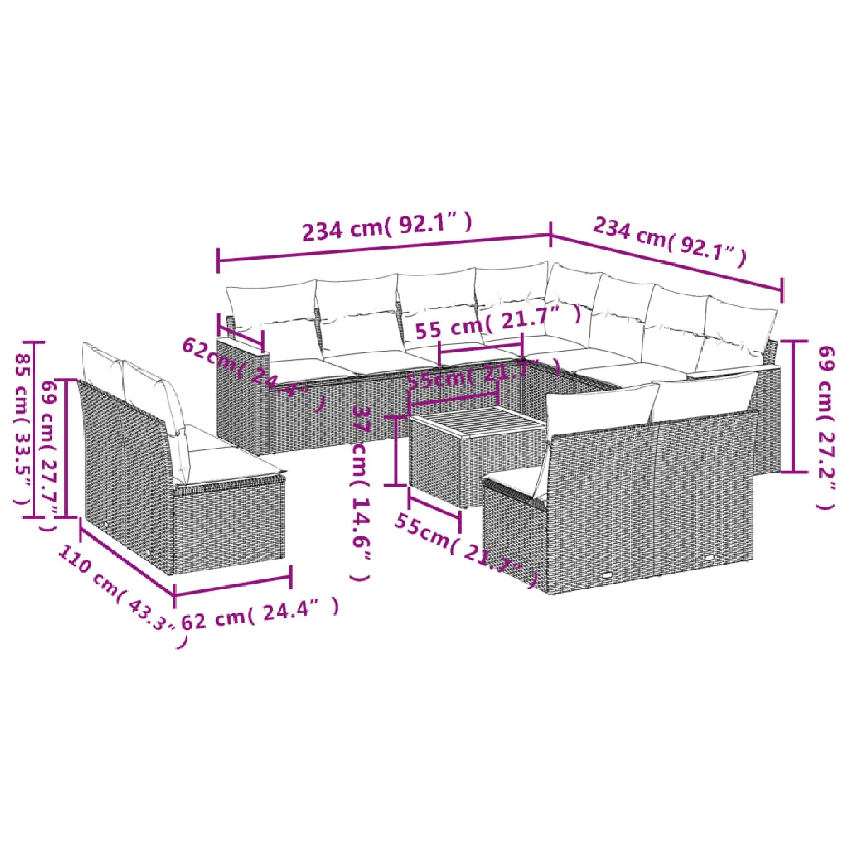 Avis vidaXL Salon de jardin 12 pcs avec coussins noir résine tressée