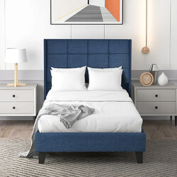 Sweiko Lit capitonné design moderne et sa tête de lit capitonnée, lit simple 90x200cm, lin Bleu (avec matelas)