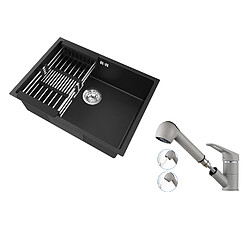 Auralum MAX Évier Cuisine 1 Bac 60*44*20CM,inox 304,à Encastrer avec Panier Drainage,Noir+Robinet Cuisine avec Douchette Extractible 2 Jets,Gris