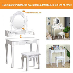 Helloshop26 Coiffeuse avec tabouret rembourré table de maquillage de style vintage avec miroir ovale pivotant à 360° 3 tiroirs et dessus amovible blanc 20_0004865