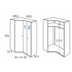 Inside 75 Armoire d'angle pan-coupé 2 portes 150,3 x 220 cm finition chêne blanchis porte droite pliante 1 étagère