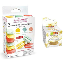 Scrapcooking 3 colorants alimentaires vert d'eau, corail, jaune + paillettes dorées 