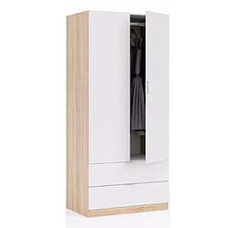 Armoire avec 2 portes 2 tiroirs Coloris chêne et blanc - Dim : L 81 x H 180 x P 52 cm -PEGANE-