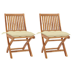 vidaXL Chaises de jardin lot de 2 et coussins blanc crème Teck massif