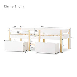 Sweiko Lit cabane 90x200 cm Lit d'enfant Lit à barreaux avec protection antichute double avec échelle et chêne avec 2 tiroirs extra larges Blanc