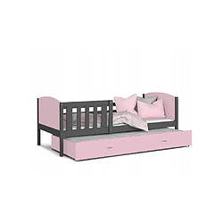 Kids Literie Lit Enfant Tomy 90x190 Gris - rose Livré avec sommiers, tiroir et matelas en mousse de 7cm