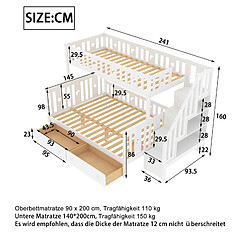 Acheter KOMHTOM Lit superposé en bois massif blanc pour enfants 90 * 200 / 140 * 200cm avec escalier de sécurité, deux grands tiroirs et cadre à Lattes