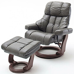 Inside 75 Fauteuil relax CLAIRAC XL assise en cuir nougat pied en bois couleur noyer avec repose pied 