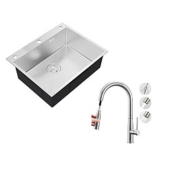 Auralum MAX Évier de Cuisine à Encastrer,1 Bac,60*49*20CM,Évier en inox 304,Silver+Robinet Cuisine avec Douchette Extractible,2 Modes Jets ,Brossé