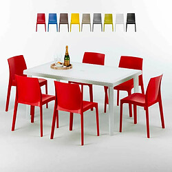 Table Rectangulaire Blanche 150x90cm Avec 6 Chaises Colorées Grand Soleil Set Extérieur Bar Café Rome Summerlife, Couleur: Rouge