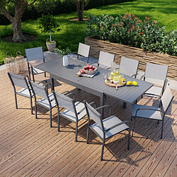 Avril Paris Table de jardin extensible en aluminium 270cm + 10 fauteuils empilables textilène anthracite gris - MILO 10