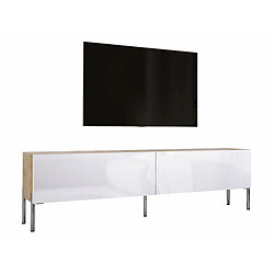 3XELIVING Meuble TV en couleur Chêne wotan / Blanc Brillant avec pieds droits en chrome, D: l : 170 cm, H : 52 cm, P : 32 cm