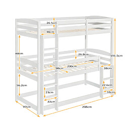 LBF Lit superposé Triple avec échelle latérale pour Enfants et Adolescents 90x200cm (blanc)