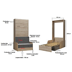 Avis Inside 75 Armoire lit escamotable DYNAMO SOFA canapé accoudoirs chêne naturel tissu anthracite 90*200 cm