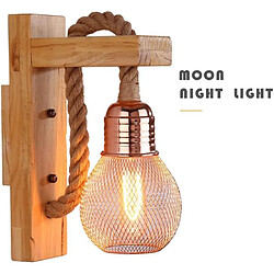 BESTA Applique murale vintage en bois massif - Style rétro industriel - Corde de chanvre - Lampe murale rustique Éclairage d'intérieur - Abat-jour en métal - E27 - Marron rouge