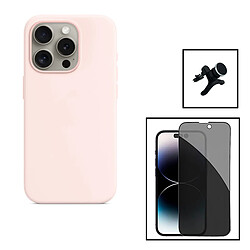 PHONECARE Kit Film Verre Trempé 5D Anti-Spy + Coque Silicone Liquide + Support Magnétique L pour Apple iPhone 15 Pro Max - Rose 