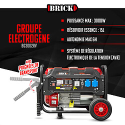 Groupe électrogène max 3000W avec roues - 2 prises - AVR - Essence - Brick