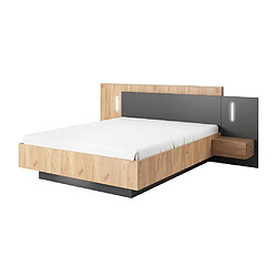 Avis Vente-Unique Lit avec chevets 140 x 190 cm - 2 tiroirs - Avec LEDs - Coloris : Naturel et anthracite + Sommier - FRANCOLI