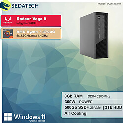 Sedatech Mini-PC Evo • AMD Ryzen 7 4700G • Radeon Vega • 8Go RAM • 500Go SSD M.2 • 3To HDD • DVD-RW • Windows 11