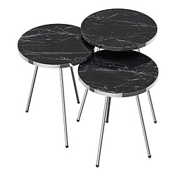 Helloshop26 Set de 3 tables d'appoint rondes gigognes marbre noir argent 03_0008408