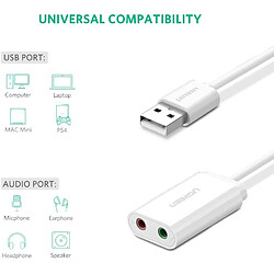 UGREEN Carte Son Externe Adaptateur USB Audio vers 3,5mm Compatible avec PS4, Raspberry Pi, Casque Gamer, Enceinte, Microphone, Mac, Mac Mini, PC etc. Plug Play (Blanc)