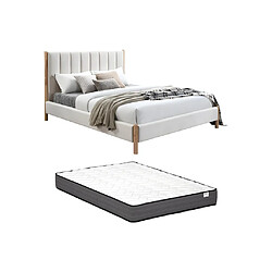 Acheter Vente-Unique Lit 140 x 190 cm avec tête de lit coutures verticales - Velours - Ivoire + Matelas - SIZAMA