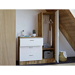 Vente-Unique Commode 3 tiroirs avec armoire et miroir - Blanc et naturel - VITORIO