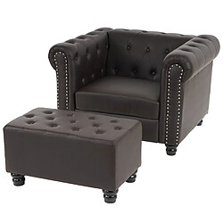 Mendler Fauteuil de luxe lounge relax Chesterfield avec pouf, similicuir ~ pieds ronds, brun antique