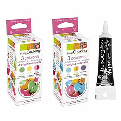 Scrapcooking Colorants alimentaires naturels rouge, jaune, vert, orange, bleu, violet + Stylo glaçage noir 