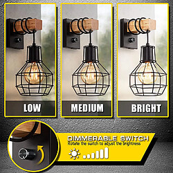 BESTA Applique Murale Intérieur Industrielle, Vintage Abat-jour Cage Dimmable avec interrupteur Luminaire Murale, E27 Métal et Bois Corde, pour Salon, Salle à Manger, Couloir, Noir (sans ampoule)