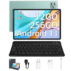 VANWIN Tablette Android 13, 4G LTE+ 5G WiFi 12Go RAM+256Go ROM/1 To TF Tablette Tactile 10,1 Pouces Dual Caméra 8MP+13MP 7560mAh Batterie 1920*1200 IPS, tablette avec clavier-Vert