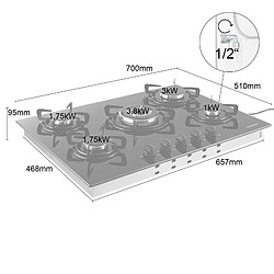 AREBOS Plaque De Cuisson à Gaz En Acier Inox 5 Brûleurs 70 cm Verre Tables De Cuisson pas cher